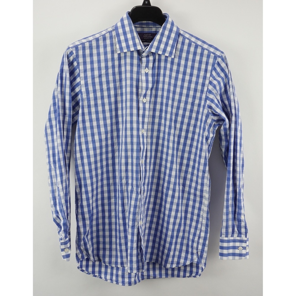 Savoy Taylors Guild Men's 16.5 Long Sleeve White Blue Gingham‎ Button Up Shirt